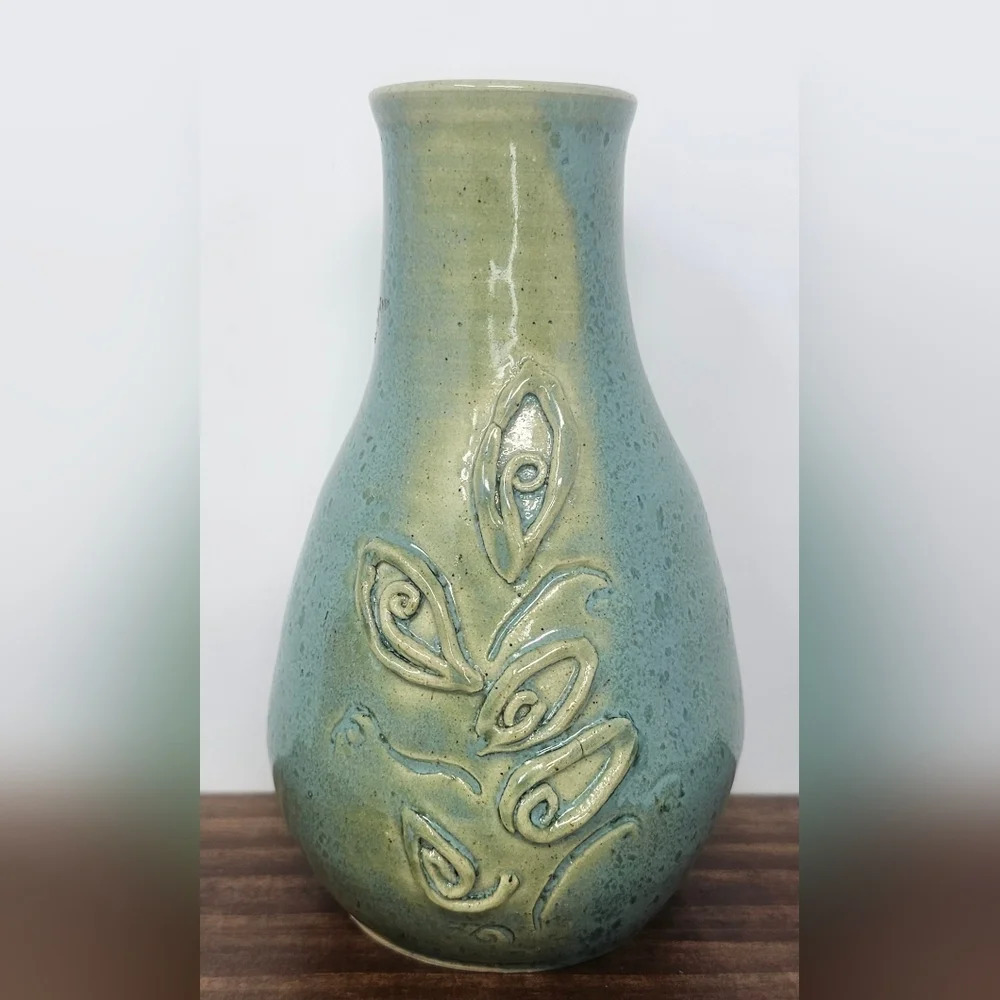 Handmade Pottery Vase Signed By Lana? Green Blue Textured Floral Detailed 6x3